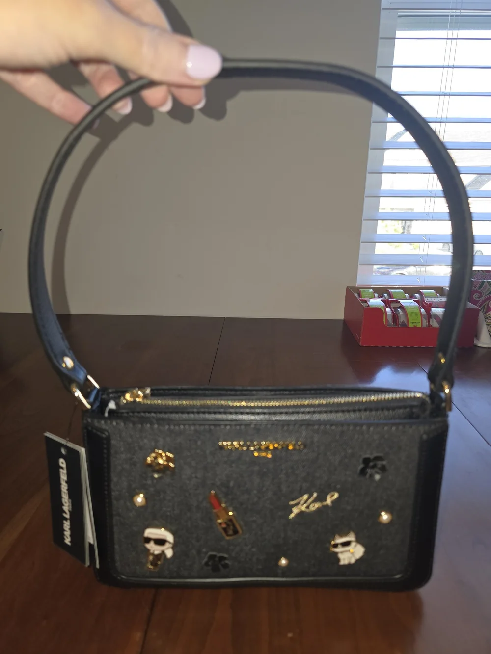 Karl Lagerfeld Denim Embellished Shoulder Bag with Gold Accents, New with Tags!